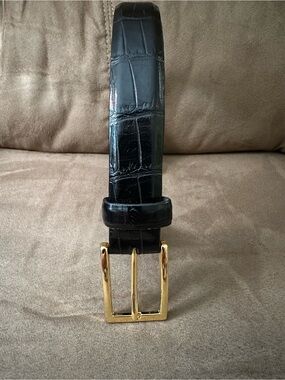 Men's Black Croc-Embossed Leather Belt with Gold Buckle—Size 44